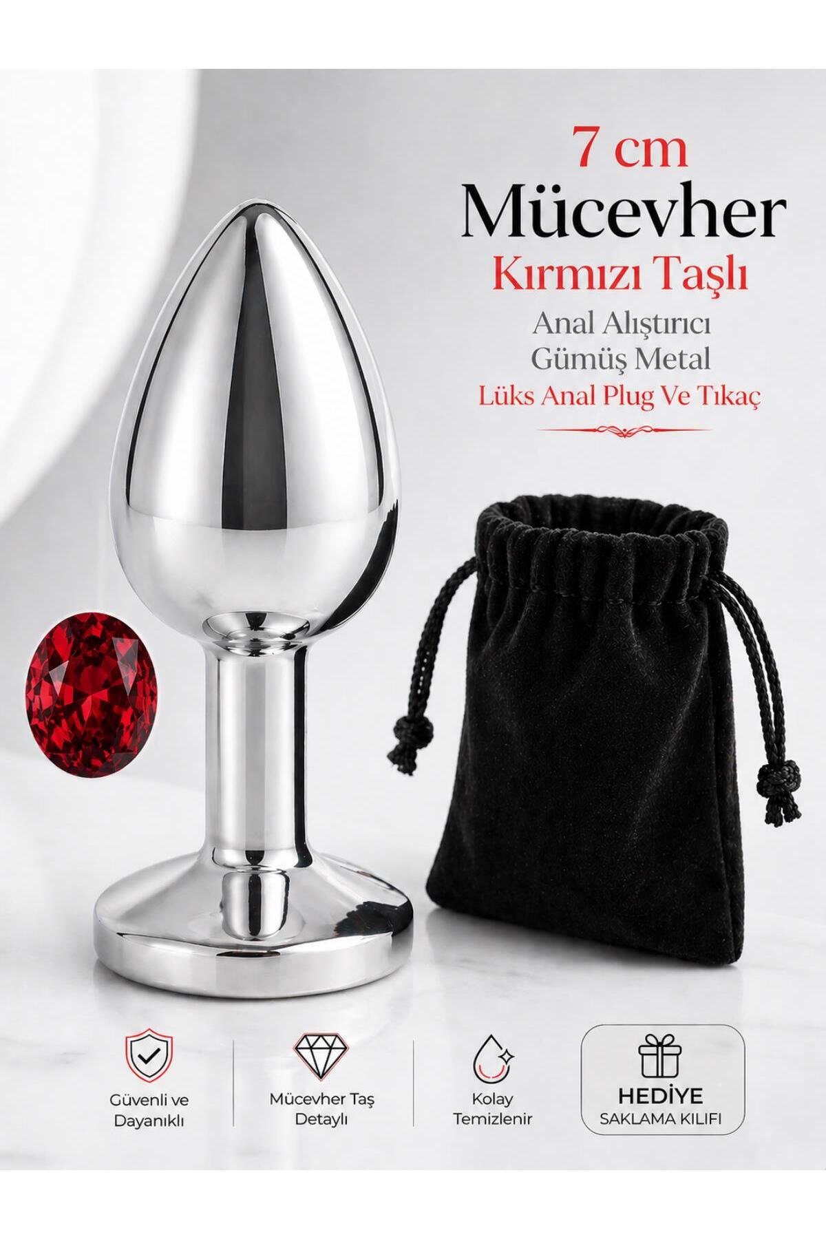 Lolita Shop Paslanmaz Çelik Gümüş Metal Kırmızı Lüks Mücevher Taşlı 7 Cm Anal Açıcı Genişletici Plug Ve Tıkaç