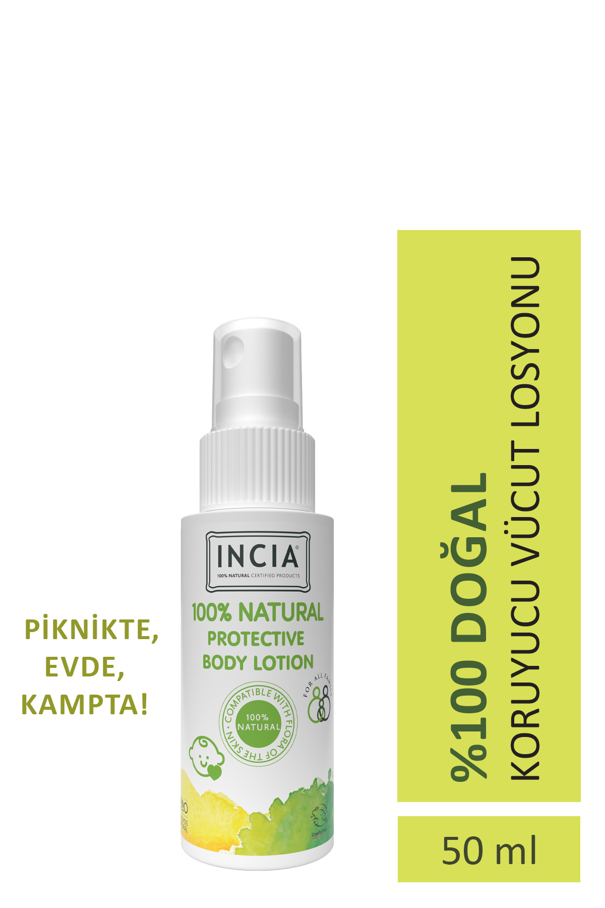 INCIA 0 Doğal Koruyucu Vücut Losyonu Sprey Yenidoğan Bebek Çocuk Için Limon Okaliptus Vegan 50 ml
