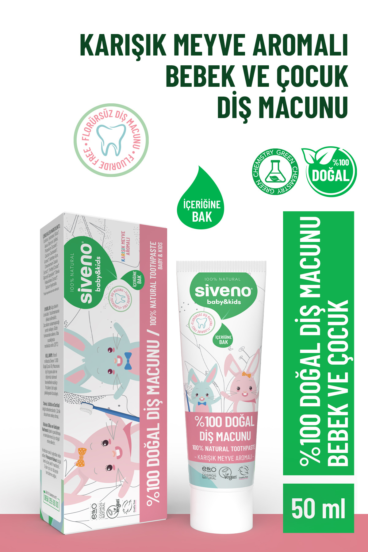 Siveno 0 Doğal Diş Macunu Bebek ve Çocuk İçin Karışık Meyve Aromalı Florürsüz 50 ml