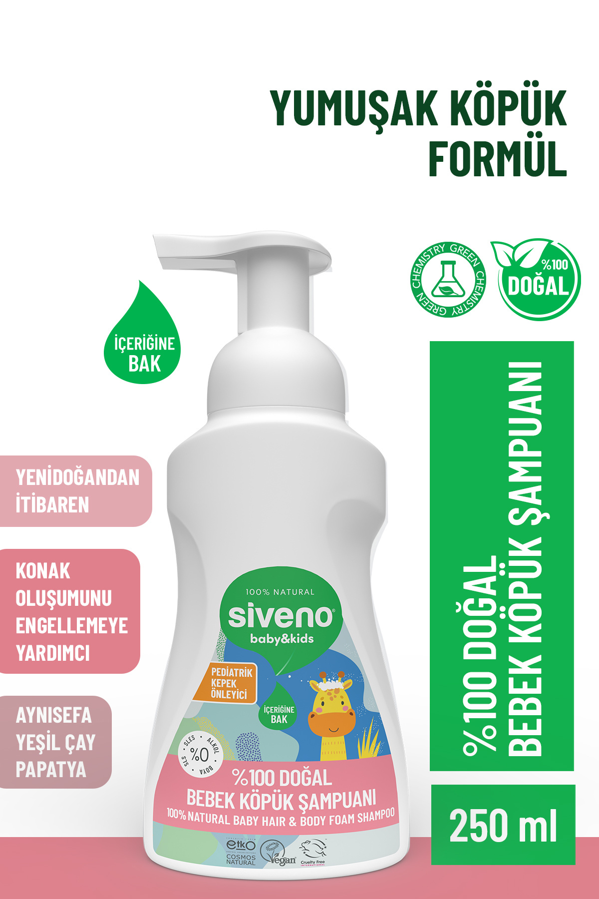Siveno 0 Doğal Bebek Köpük Şampuanı Yenidoğan Saç ve Vücut Nemlendirici Bitkisel Vegan 250 ml