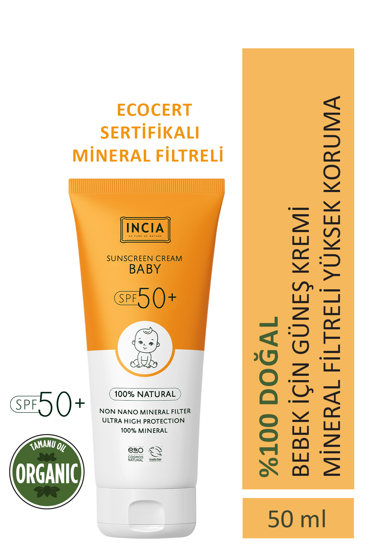 INCIA 0 Doğal Bebek Güneş Kremi Leke Karşıtı Mineral Filtreli Yüksek Koruma SPF 50+ UVA UVB 50 ml