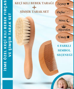ERATOS Bebek Tarağı Ve Şimşir Tarak 2'li Set -isme Özel(LAZER MARKALAMA) Keçi Kılı Bebek Saç Fırçası Konak