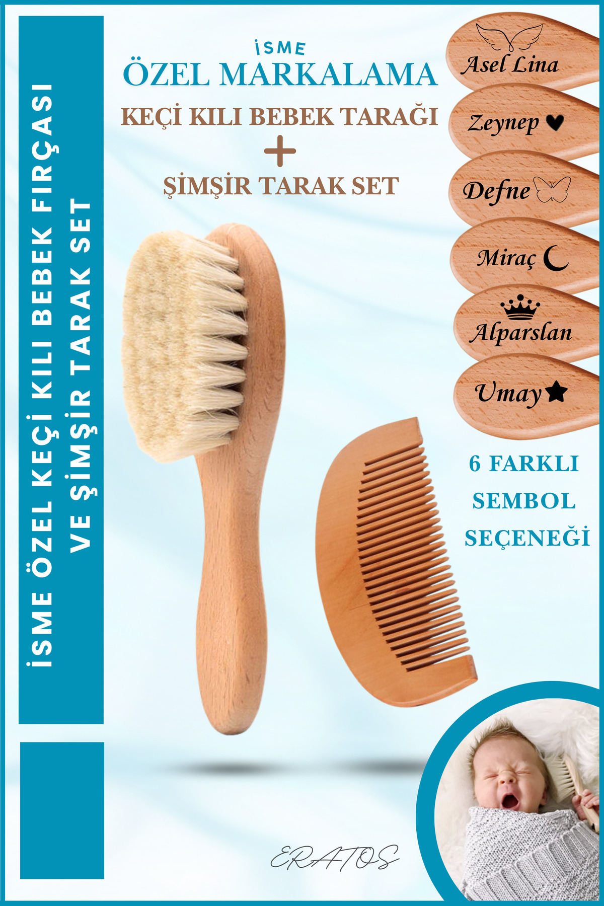 ERATOS Bebek Tarağı Ve Şimşir Tarak 2'li Set -isme Özel(LAZER MARKALAMA) Keçi Kılı Bebek Saç Fırçası Konak