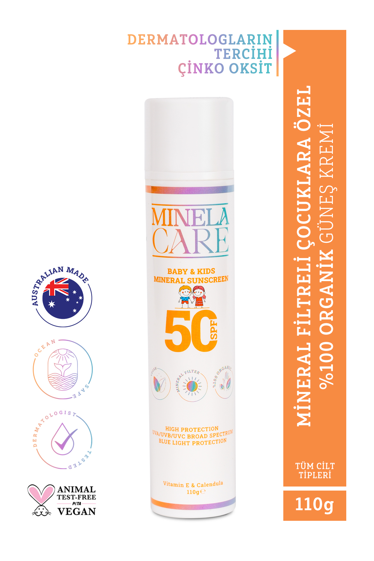Minelacare Organik Mineral Filtreli Bebek ve Çocuk Güneş Kremi SPF 50 110 g Non-Nano Çinko Oksit