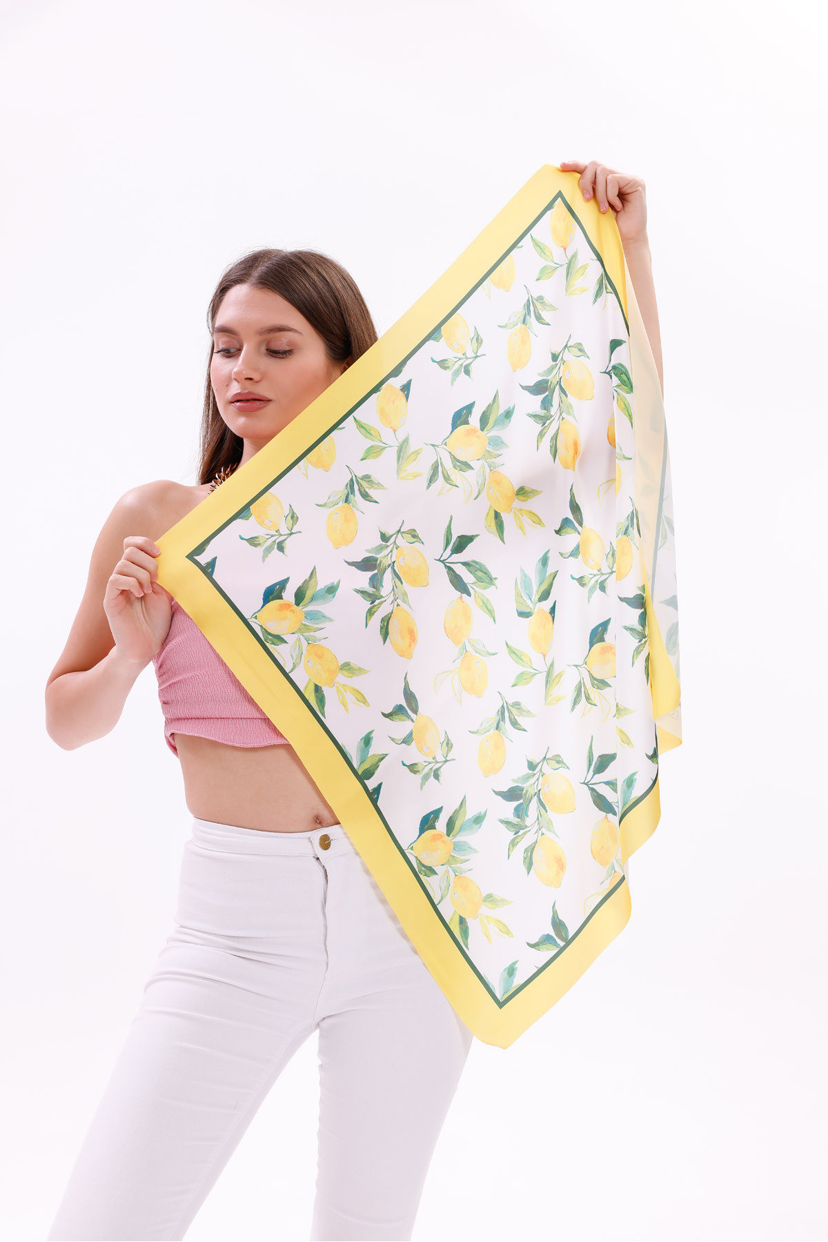 tarzınısec Limon Desenli - Mersin Fular Bandana Şal Estascarf 70x70 Cm