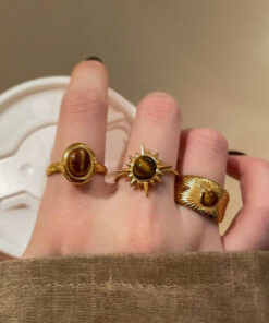 The Collection 3'lü Kombin Kahverengi Taşlı Gold Vintage Ayarlanabilir Yüzük Set
