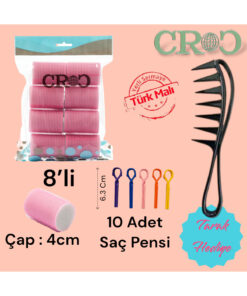 Croc Pembe Cırtlı Sünger Bigudi 8li Çap 4cm Yapışkanlı Saç Bigudisi (10lu Saç Pensli) (1207P)
