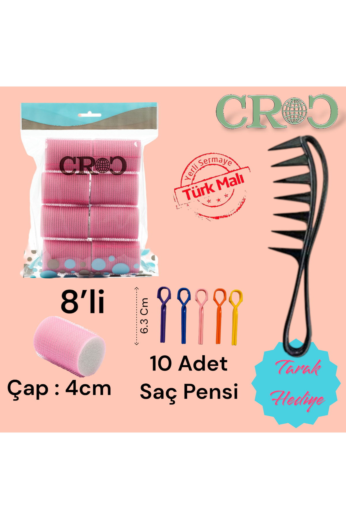 Croc Pembe Cırtlı Sünger Bigudi 8li Çap 4cm Yapışkanlı Saç Bigudisi (10lu Saç Pensli) (1207P)