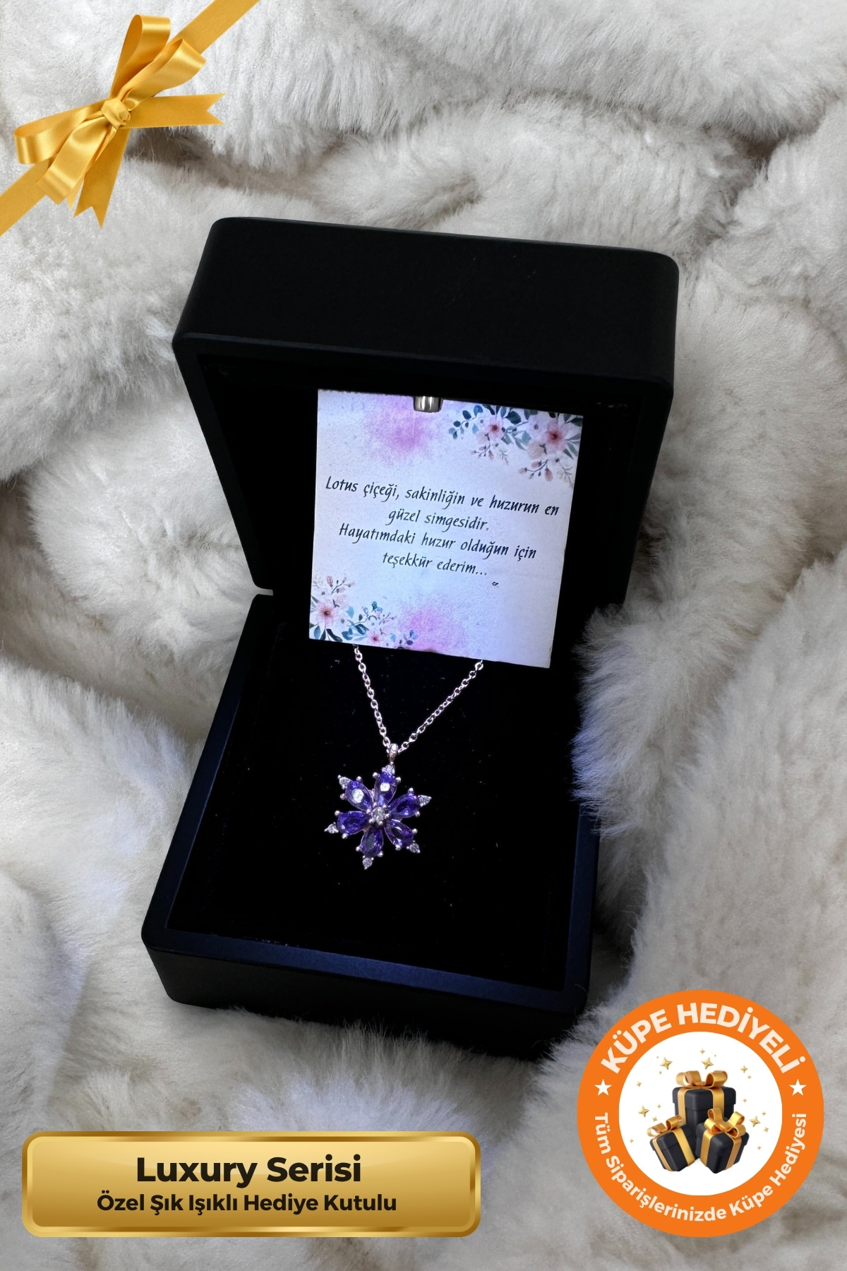 Lucente Jewellery Işıklı Hediye Kutulu 925 Ayar Rose Gümüş Kaplama Ametist Taşlı Aşk Şans Bereket Lotus Çiçeği Kolye