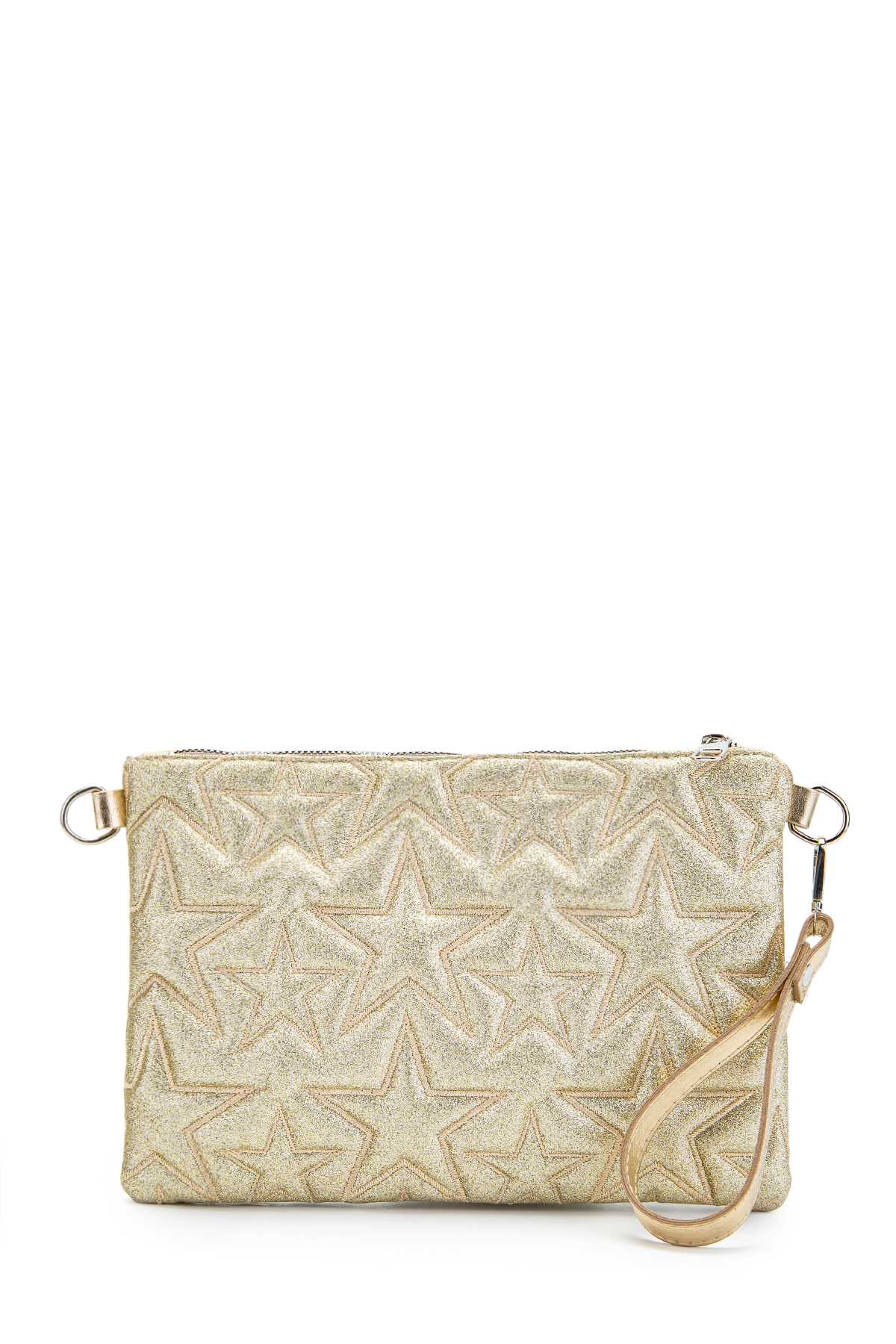 minebag Yıldız Dikişli Clutch Star Kadın Çanta Simli Gold