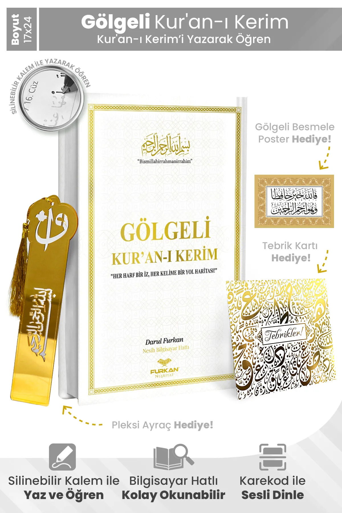 Furkan Neşriyat Kalem Ile Yazılabilen Gölgeli Kuranı Kerim Orta Boy - Beyaz