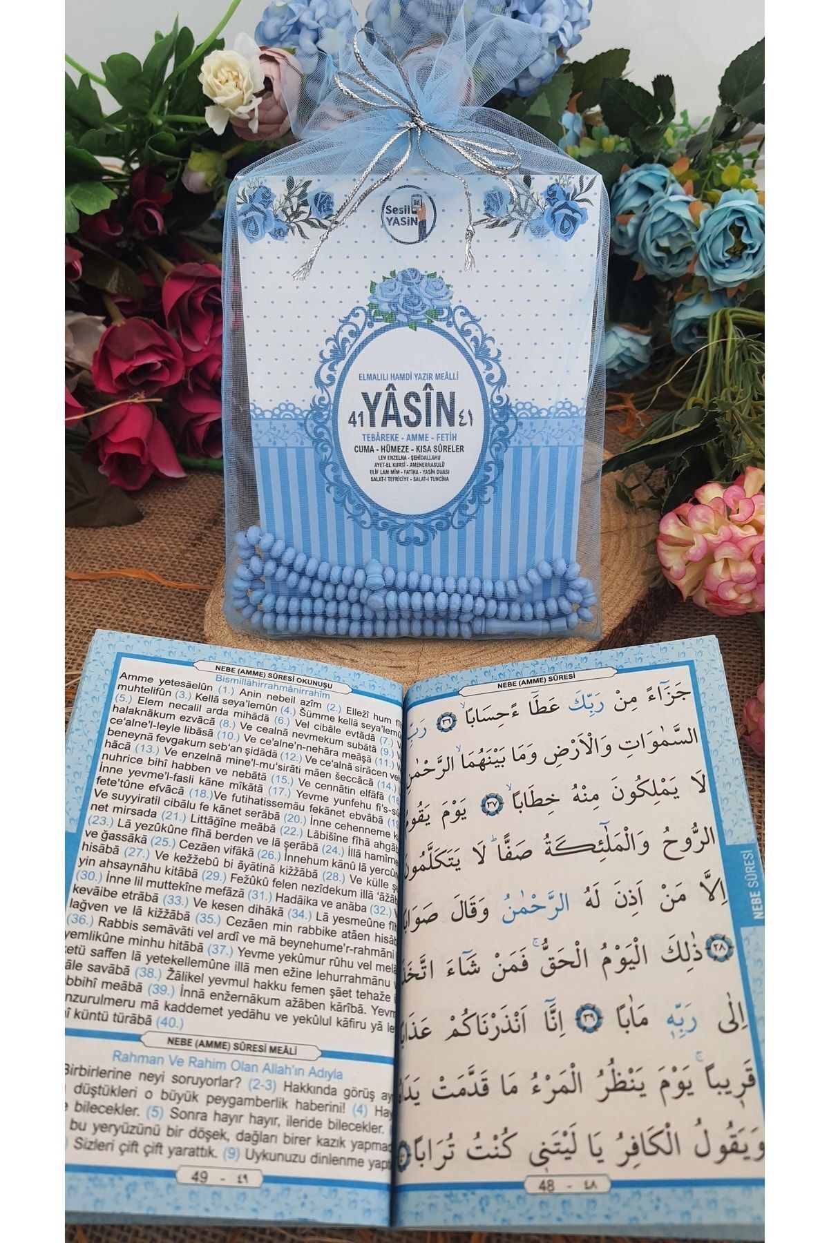 Medrese Yayınları Yasin Kitabı Cüzü 10 Lu Tül Keseli Erkek Bebek Için Tesbihli Doğum Cenaze Mevlüt Hediyeliği