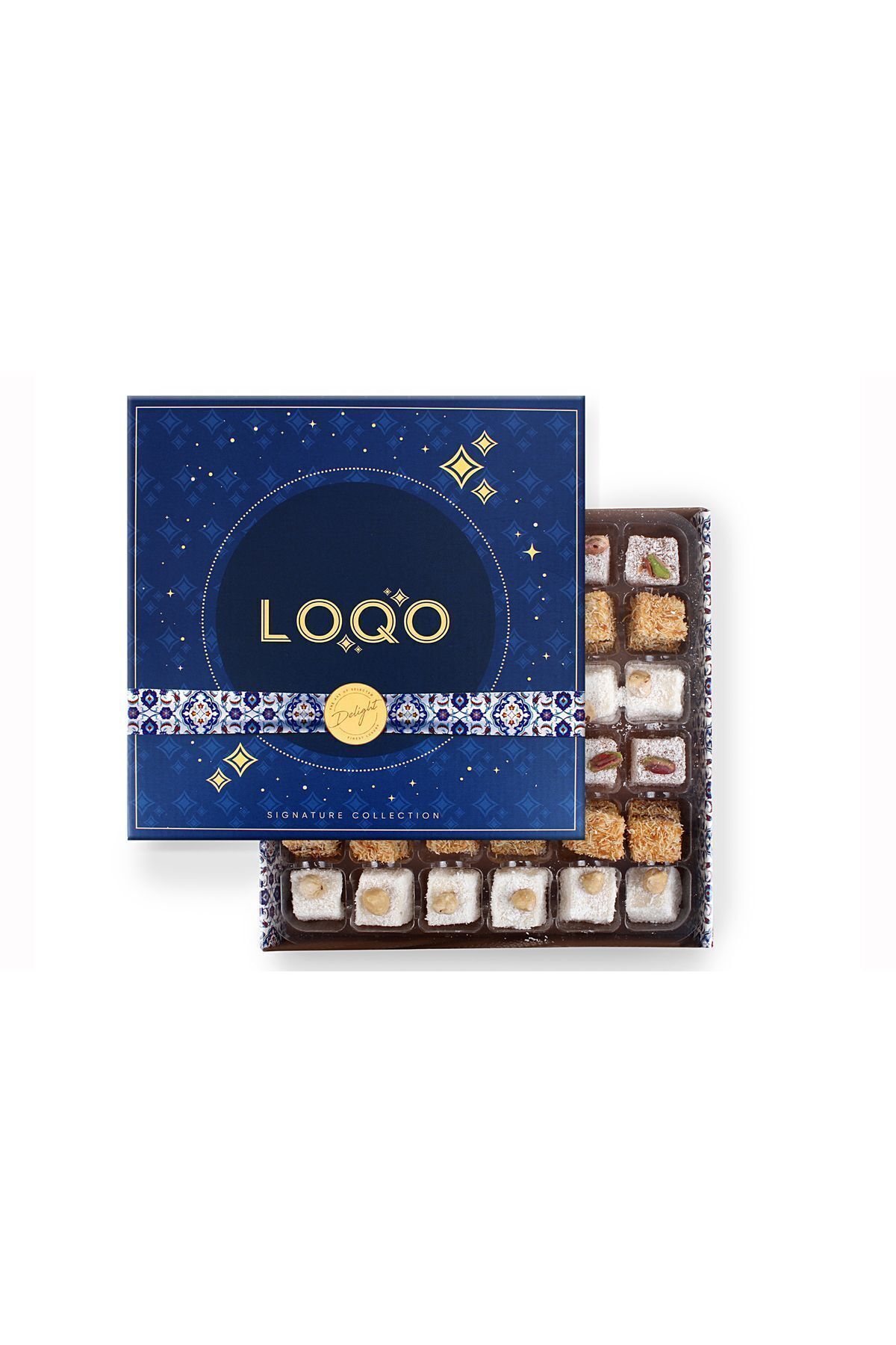 LOQO Karışık Kuruyemişli, Çikolatalı, Sultan Hediyelik Kutu Lokum (ÖZEL KUMAŞ ÇANTA HEDİYELİ) Net 500 gr