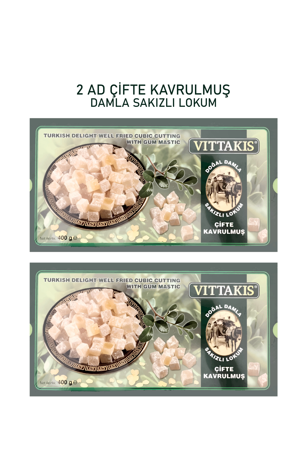 Damsak Gıda Vittakis Damla Sakızlı Çifte Kavrulmuş Lokum 400gr x2 **Fırsat Paketi**