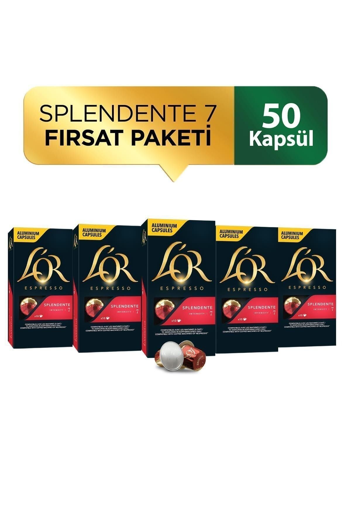L'OR Splendente Intensity 7 Nespresso Uyumlu Alüminyum Kapsül Kahve Fırsat Paketi 10 Adet x 5 Paket