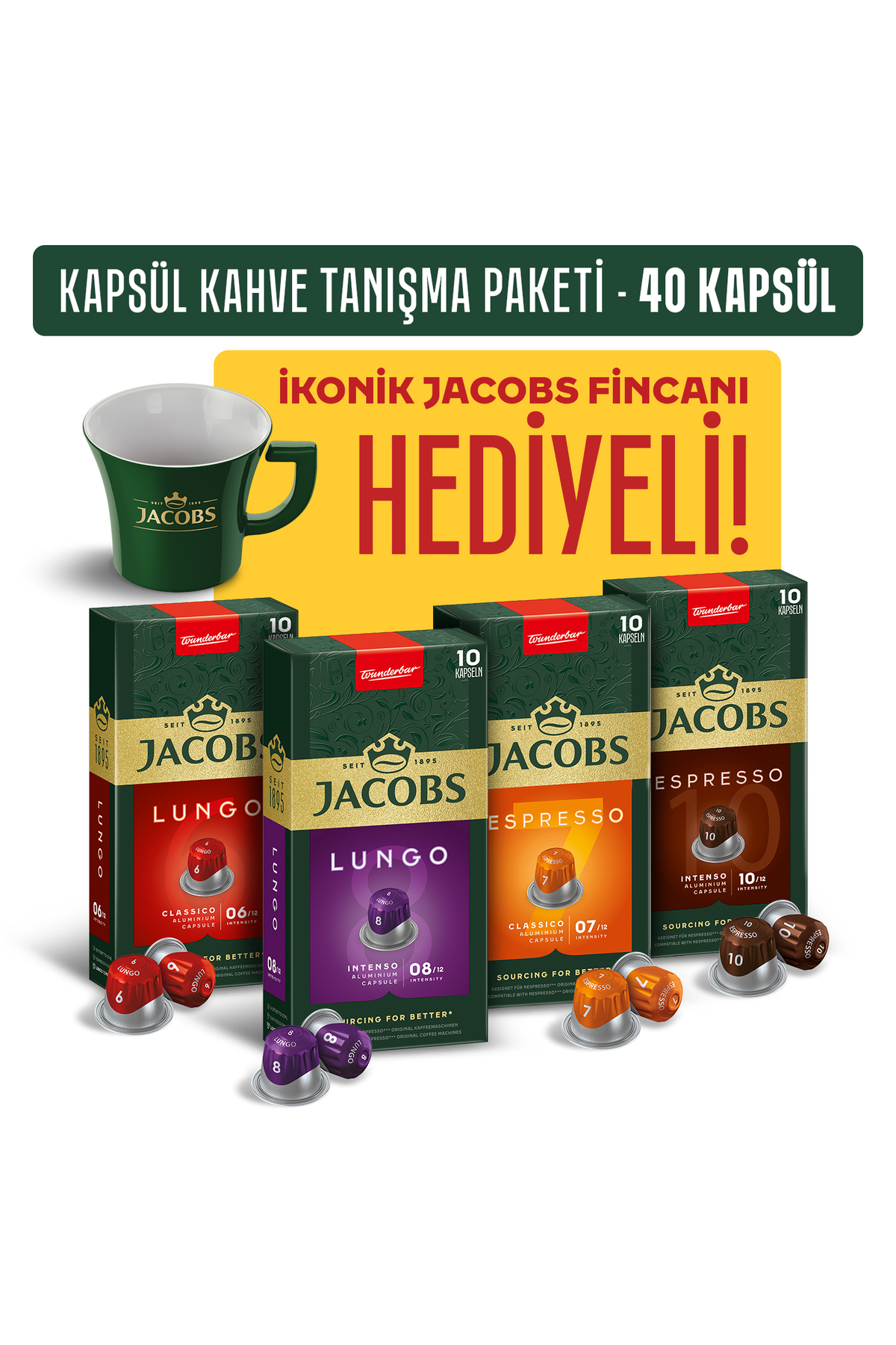 Jacobs Kapsül Kahve Tanışma Paketi 40'lı Kapsül Kahve - Fincan Hediyeli (Nespresso Uyumlu)