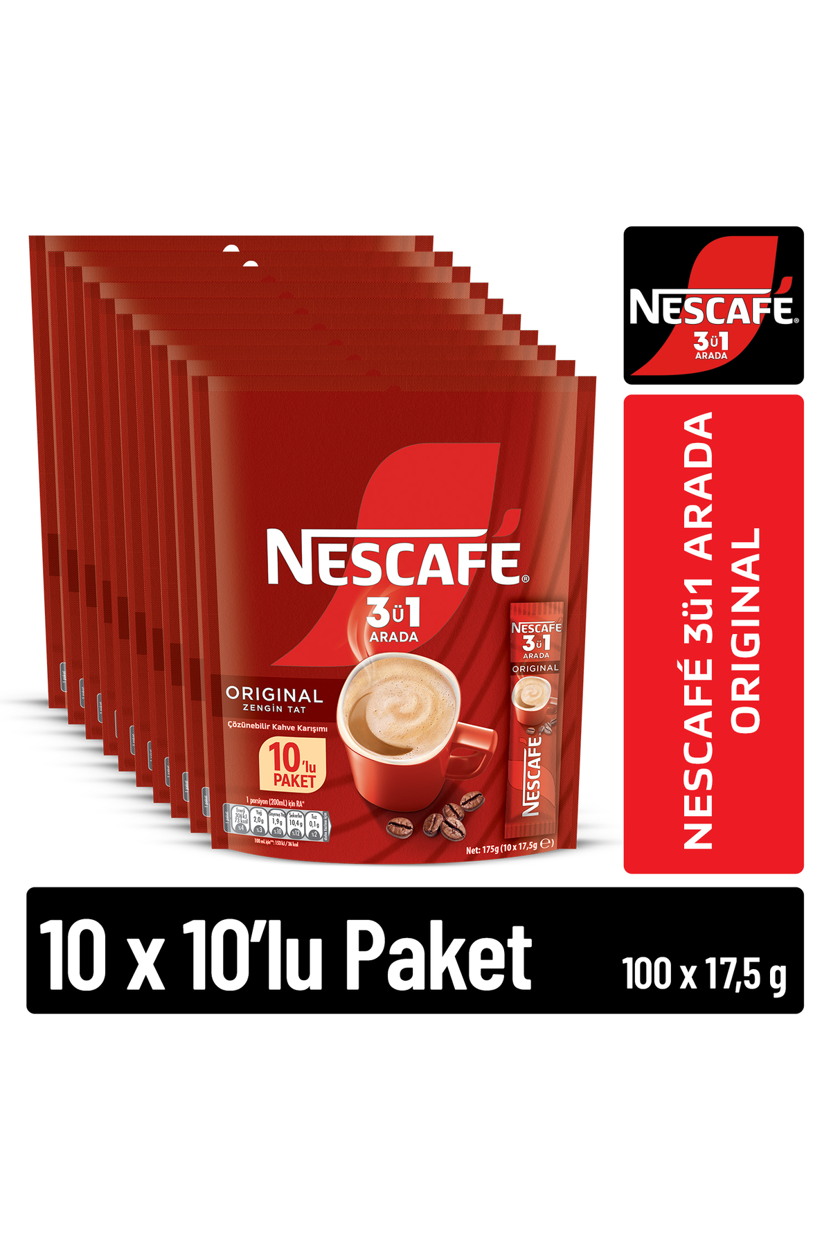 Nescafe Nescafé 3ü1 Arada Original Çözünebilir Kahve 10 x 10'lu paket (10x17,5g)