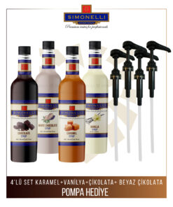 Simonelli Kahve ve Kokteyl Şurubu 700 ml 4'lü Set Karamel+Vanilya+Çikolata+Beyaz Çikolata + 4 Adet Pompa