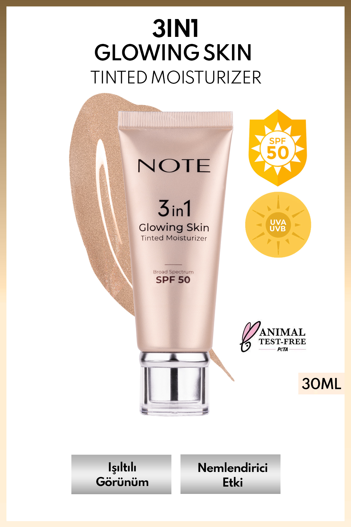 Note Cosmetics 3 in 1 Glowing Skin Tinted Moisturizer 50 SPF Işıltılı Aydınlatıcı Krem