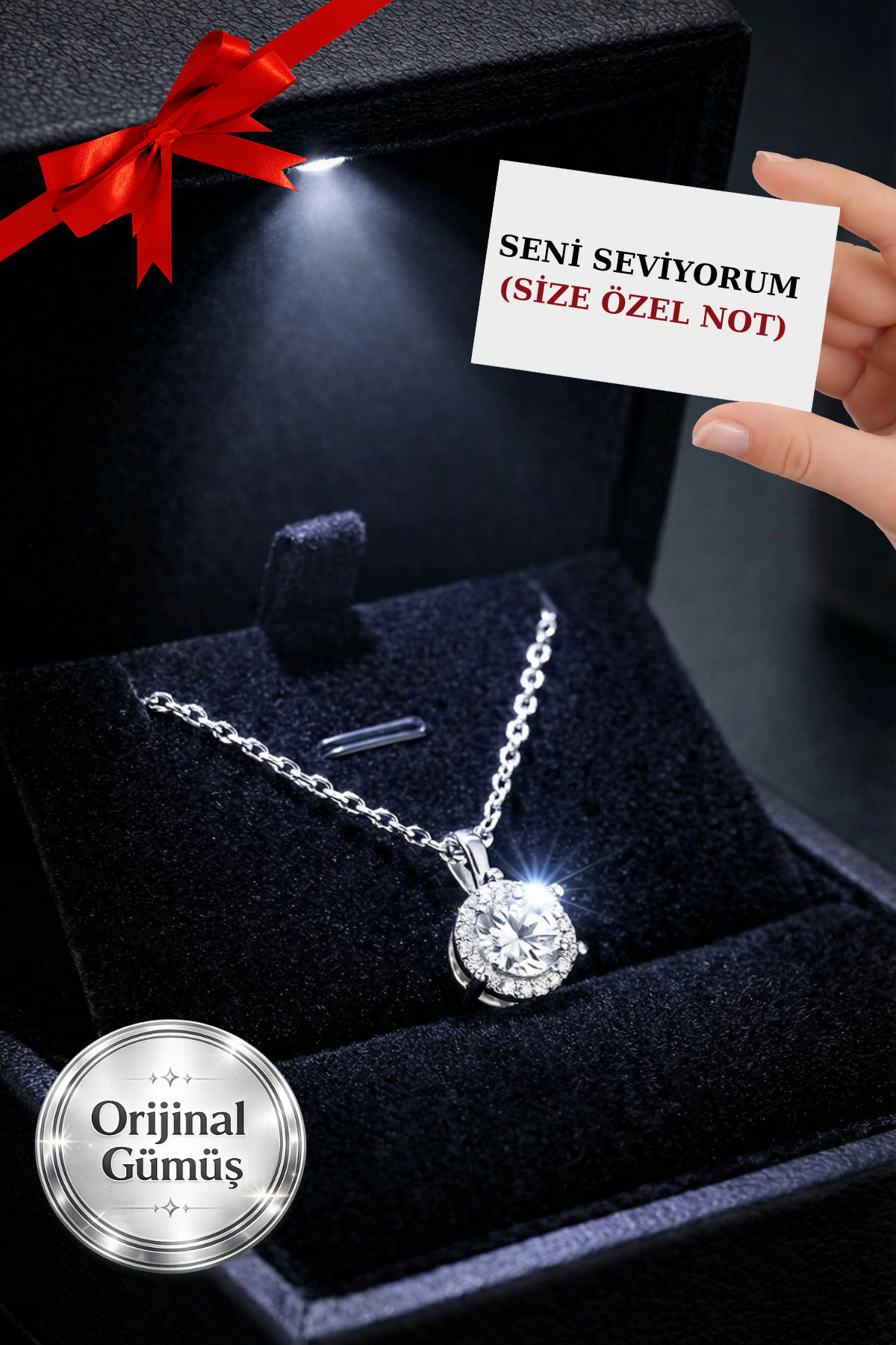 CARAT STONE 925 AYAR GERÇEK GÜMÜŞ KADIN KOLYE , IŞIKLI KUTUDA