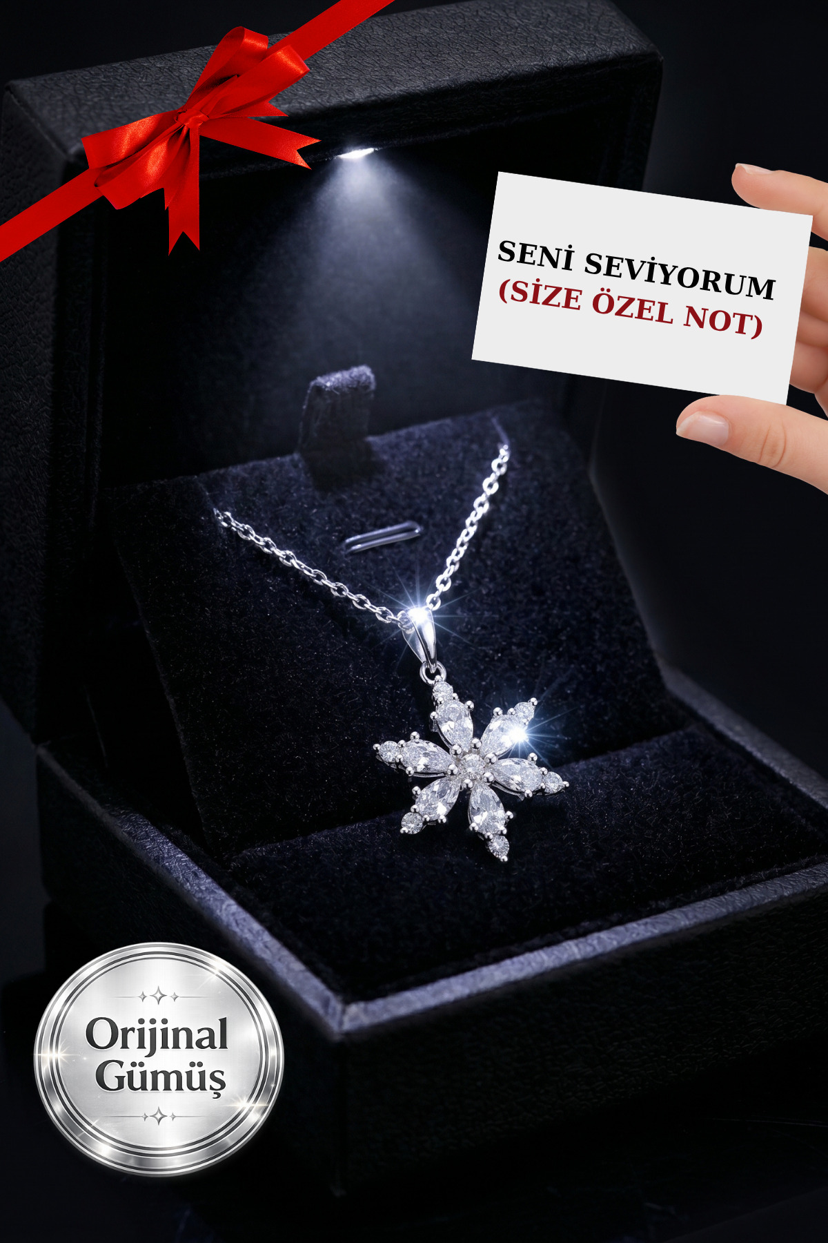 CARAT STONE 925 AYAR GERÇEK GÜMÜŞ LOTUS ÇİÇEK KADIN KOLYE , IŞIKLI KUTUDA