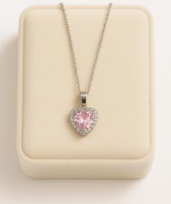 ESYURA ACCESSORIES Romantik Pembe Kalp Taşlı Kolye - Paslanmaz Çelik Silver