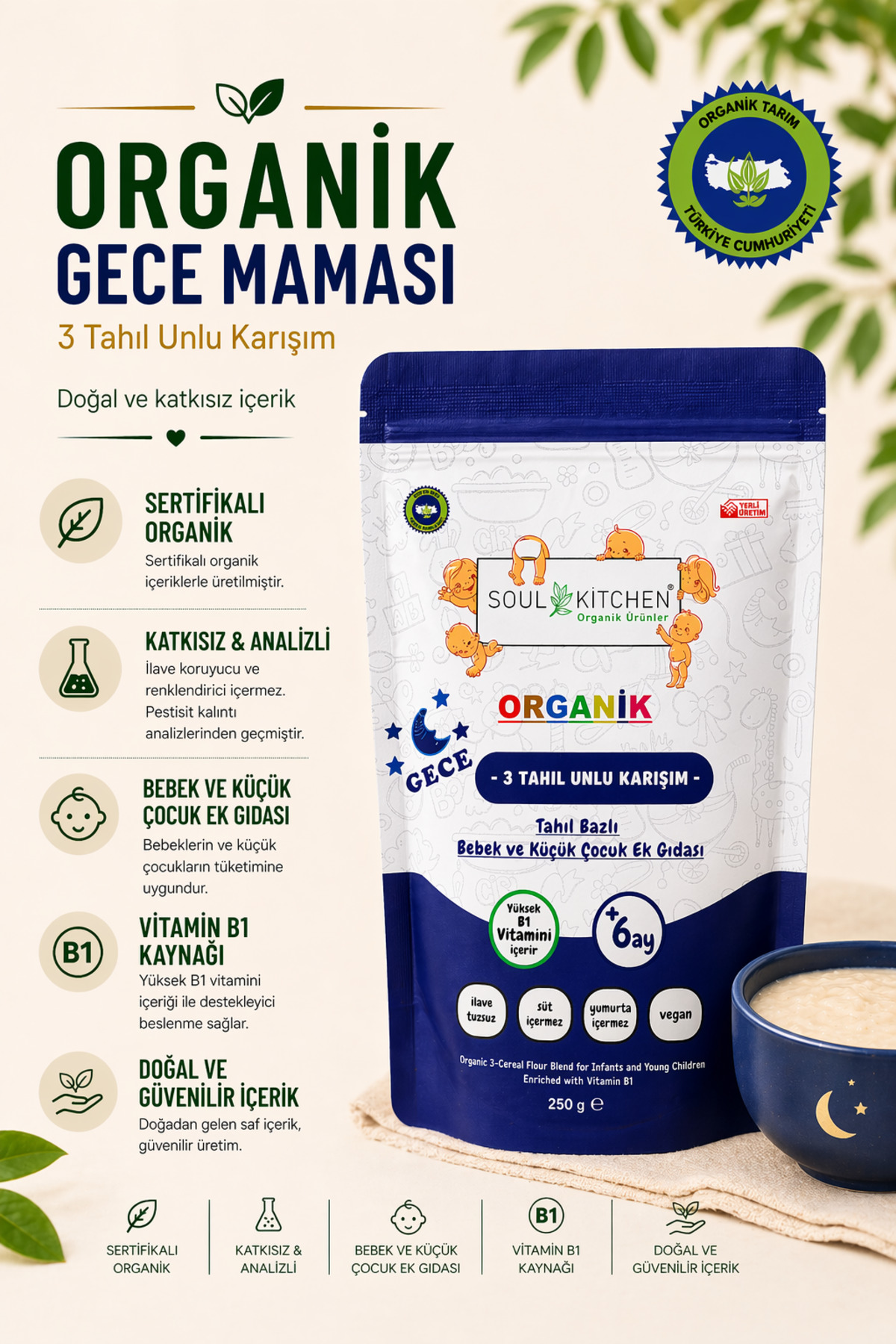 Soul Kitchen Organik Ürünler Organik Sertifikalı 3 Tahıllı Bebek Gece Kaşık Maması B1 Vitaminli 250 g