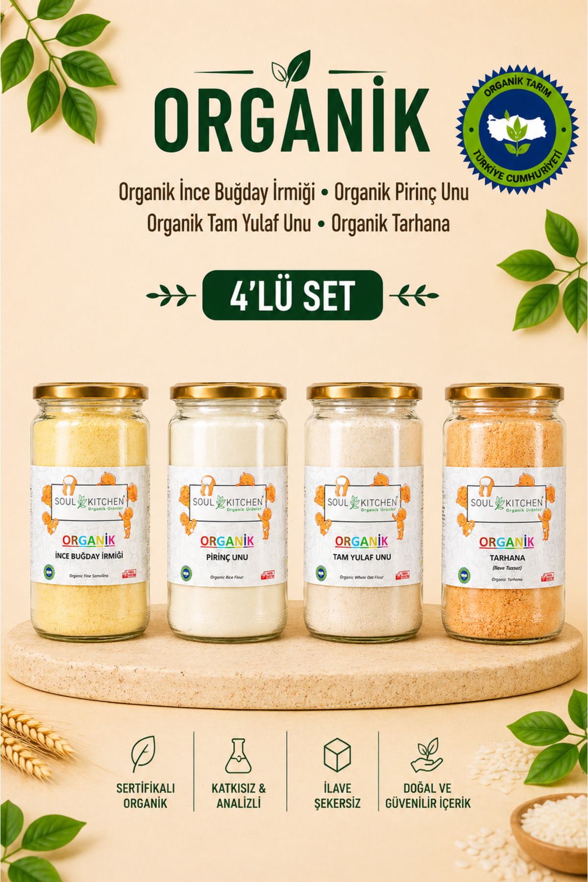 Soul Kitchen Organik Ürünler Organik Sertifikalı İnce İrmik Pirinç Unu Tarhana Tam Yulaf Unu 4’lü Cam Set