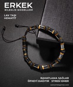 OSMANLI DOĞAL TAŞ Sertifikalı Hematit Lav Taşlı Makrome Erkek Bilekliği