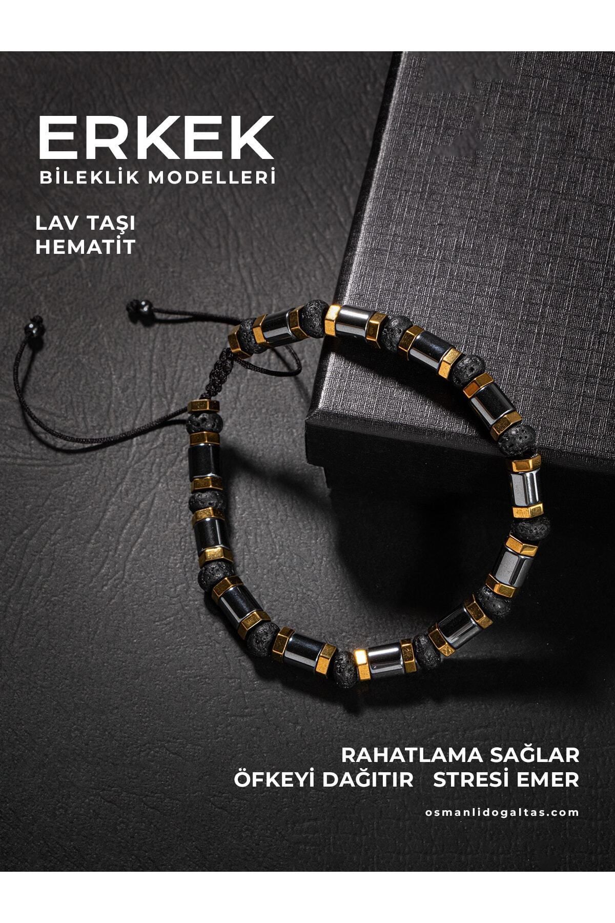 OSMANLI DOĞAL TAŞ Sertifikalı Hematit Lav Taşlı Makrome Erkek Bilekliği
