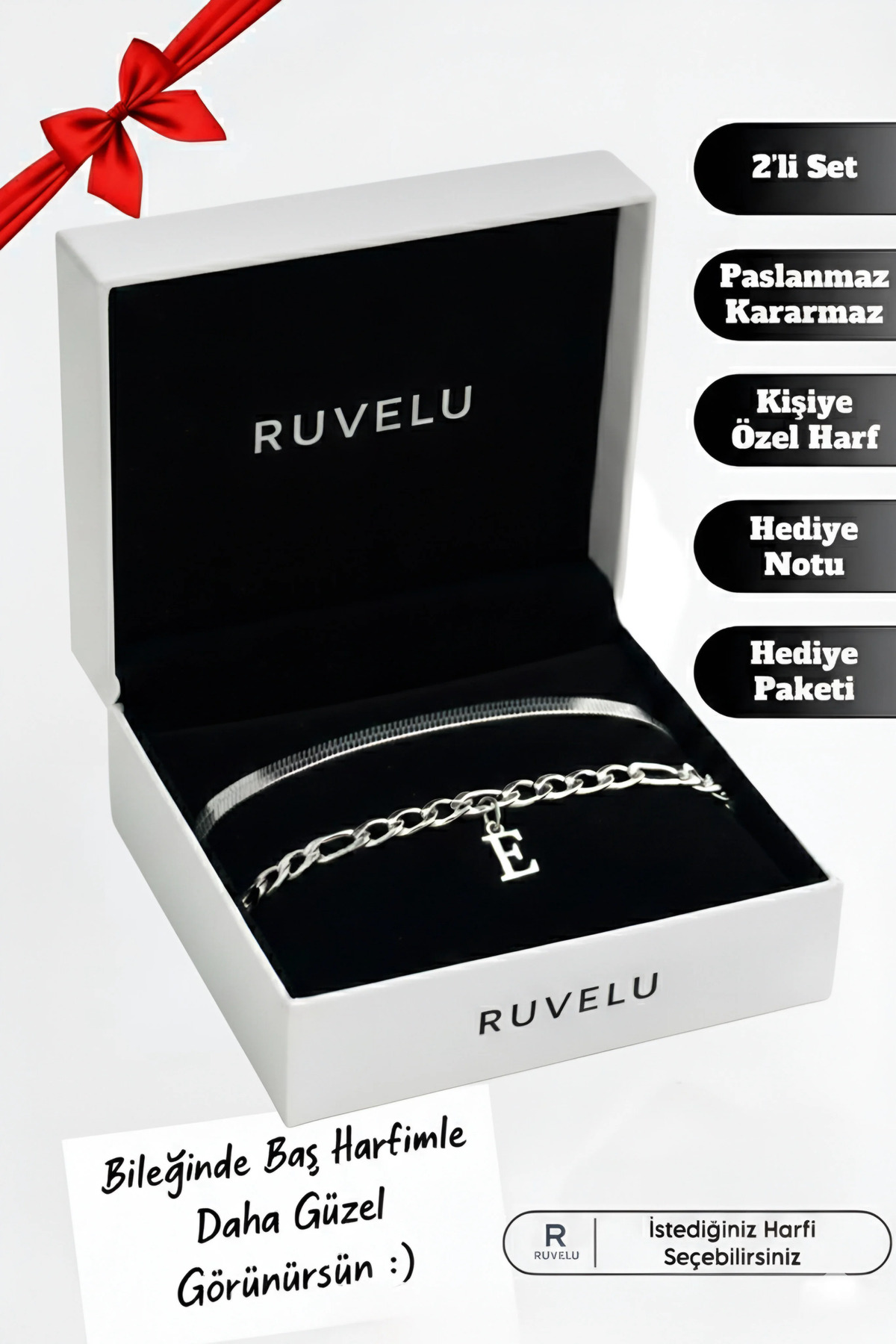 ruvelu 2'li Harfli Paslanmaz | Kararmaz | Unisex | Çelik Bileklik Seti - Sevgili,Çift,Arkadaş Bilekliği