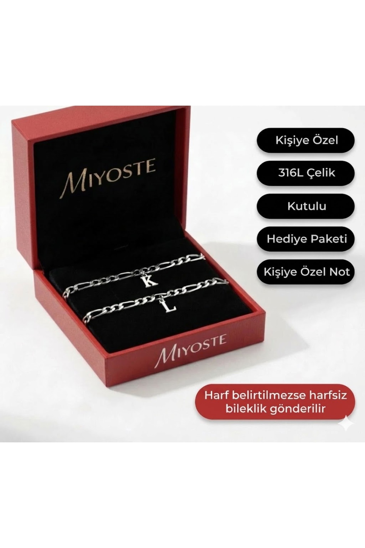 Miyoste 2'li Kararmaz Çelik İkili Zincir Harfli Sevgili/çift Bilekliği Bileklik Harf