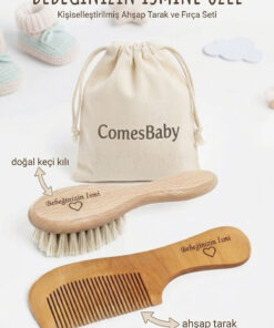 ComesBaby İsimli 2'li Set-bebek Fırçası & Saplı Ahşap Tarak (KESE VE ANAHTARLIK HEDİYE)