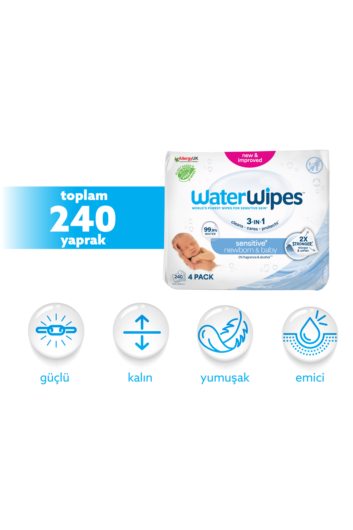 WaterWipes Bio Yenidoğan Islak Mendil 4×60 Adet (240 Yaprak)