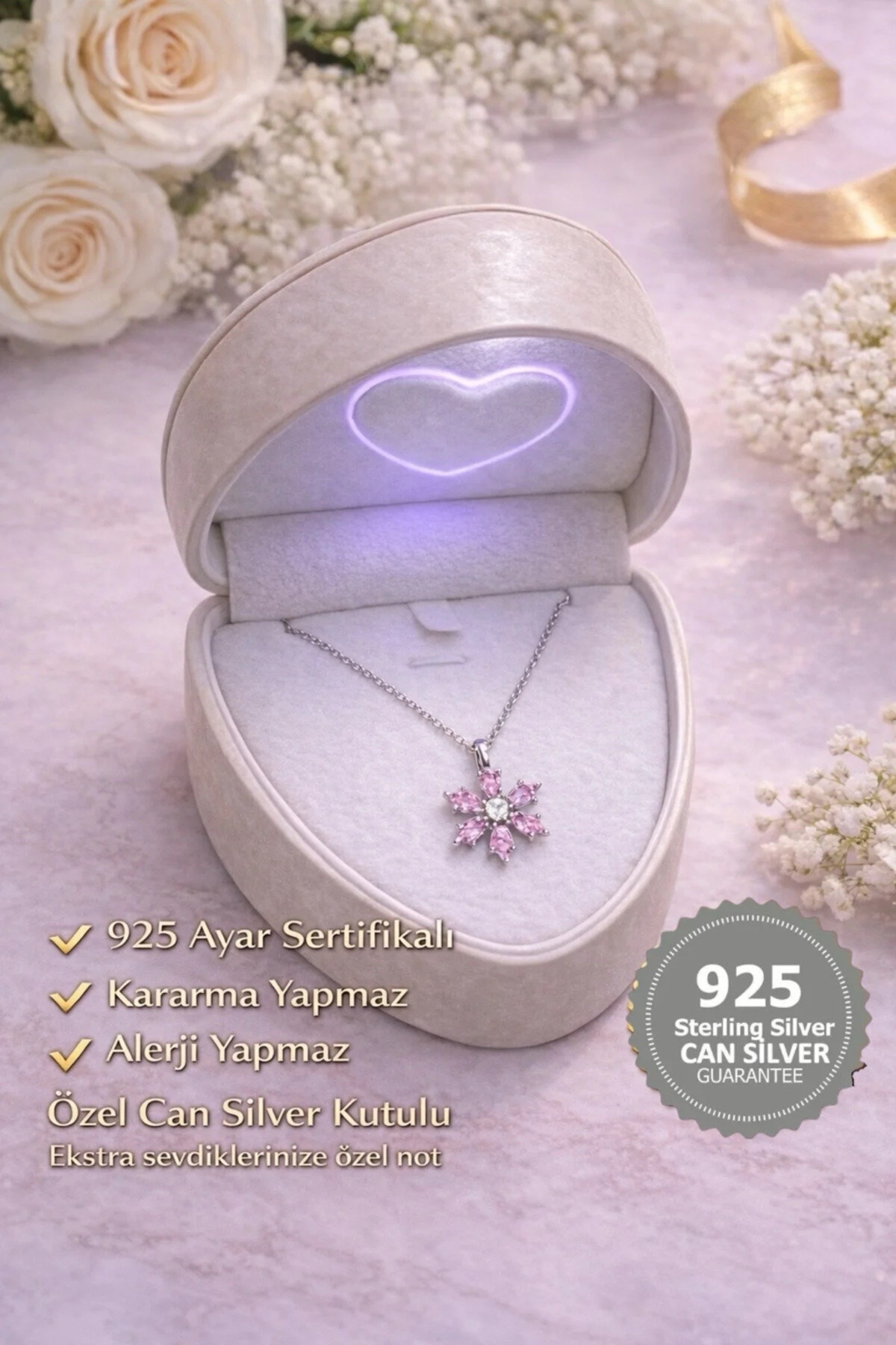 CAN SİLVER 925 Ayar Gümüş Kaplama Pembe Zirkon Taşlı Manolya Çiçeği Gümüş Kadın Kolye-Anneler Günü Hediyesi- Şans Ve Bereket Kolyesi