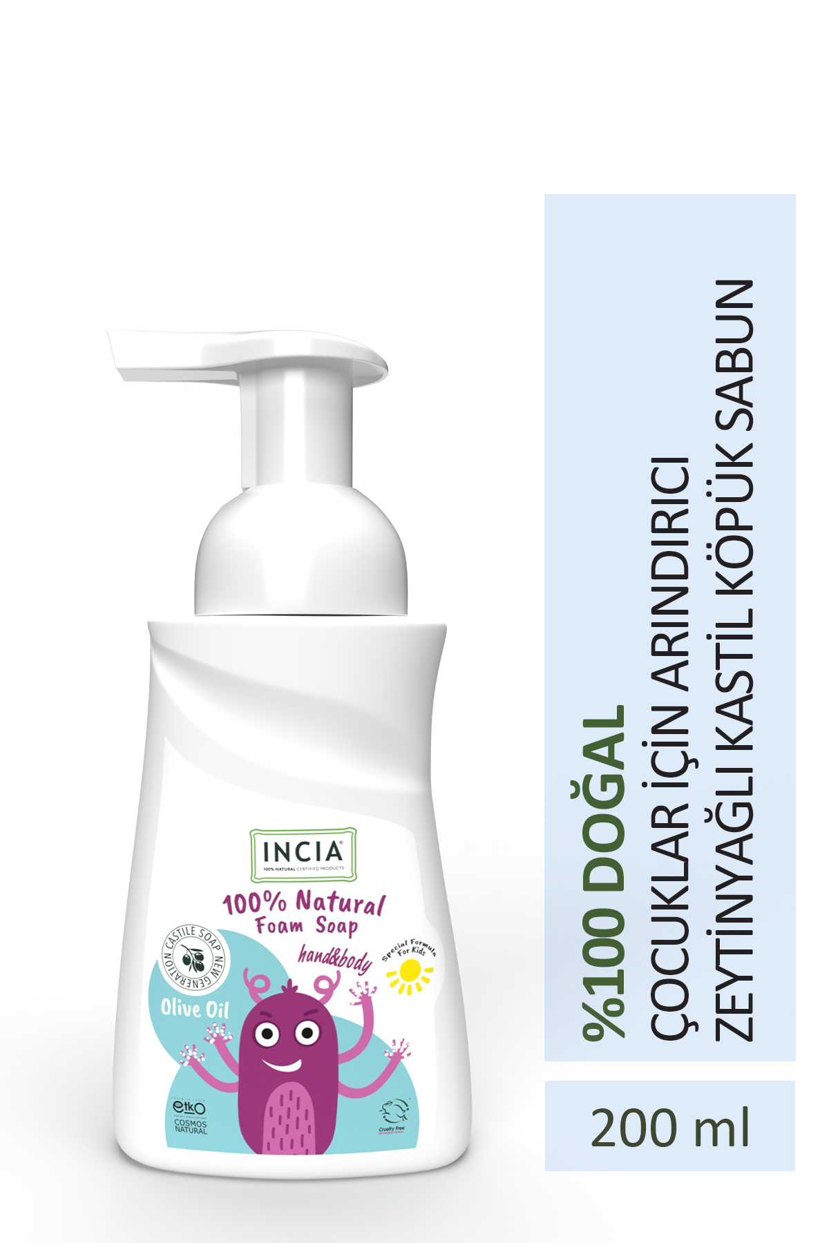 INCIA 0 Doğal Köpük Kastil Sabunu-çocuklar Için Zeytinyağlı 10 Bitkisel Değerli Yağ Vegan 200 ml