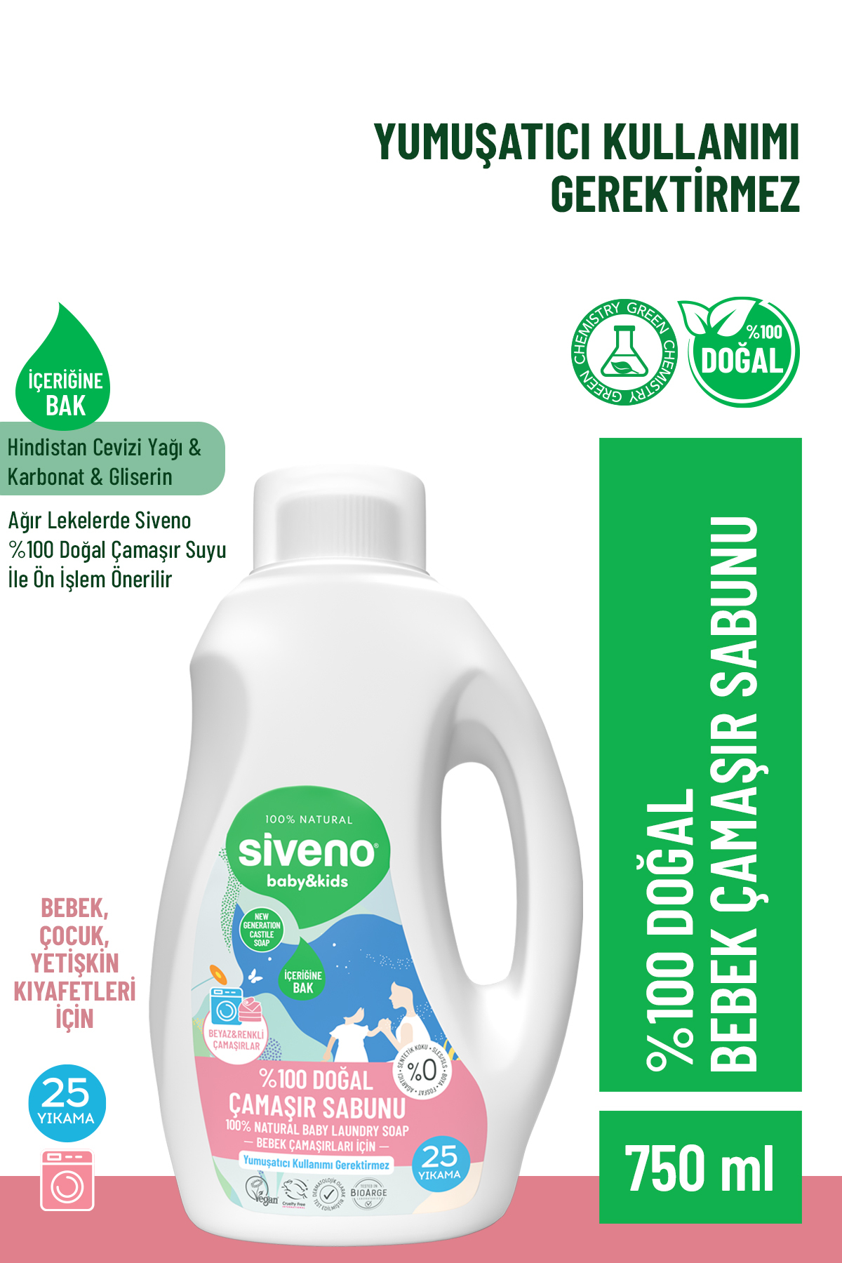 Siveno 0 Doğal Bebek Çamaşır Sabunu Kendinden Yumuşatıcılı Bitkisel Deterjan Konsantre Vegan 750 ml