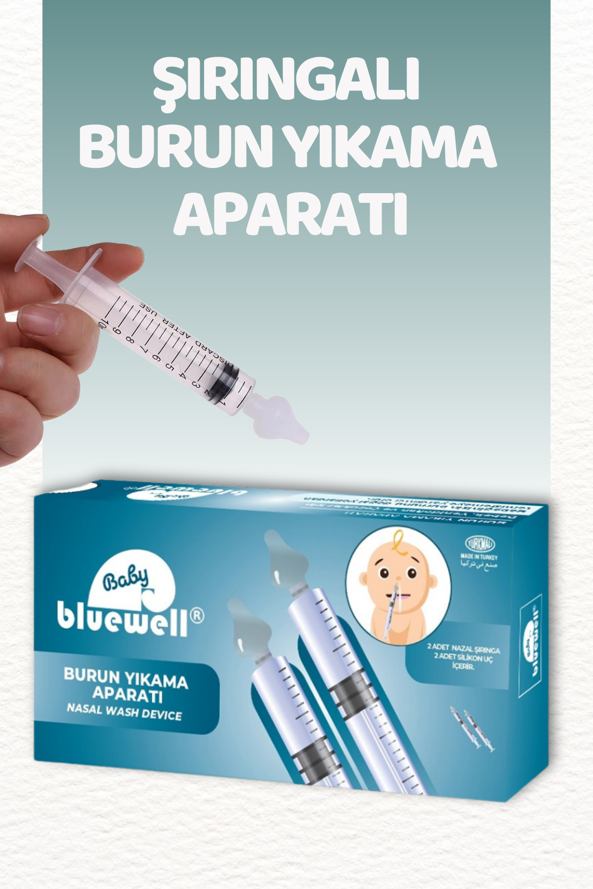 BLUEWELL ORTHOPEDICS PRODUCTS 2'li Şırıngalı Bebek Burun Yıkama Enjektörü Nazal Aspiratör Temizleme Aparatı Silikon Uç ve Şırınga