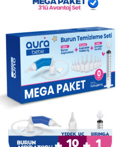 Aura Bebe MEGA PAKET Burun Aspiratörü, 10 Adet Aspiratör Yedek Uç ve Burun Temizleme Şırıngası Enjektörü