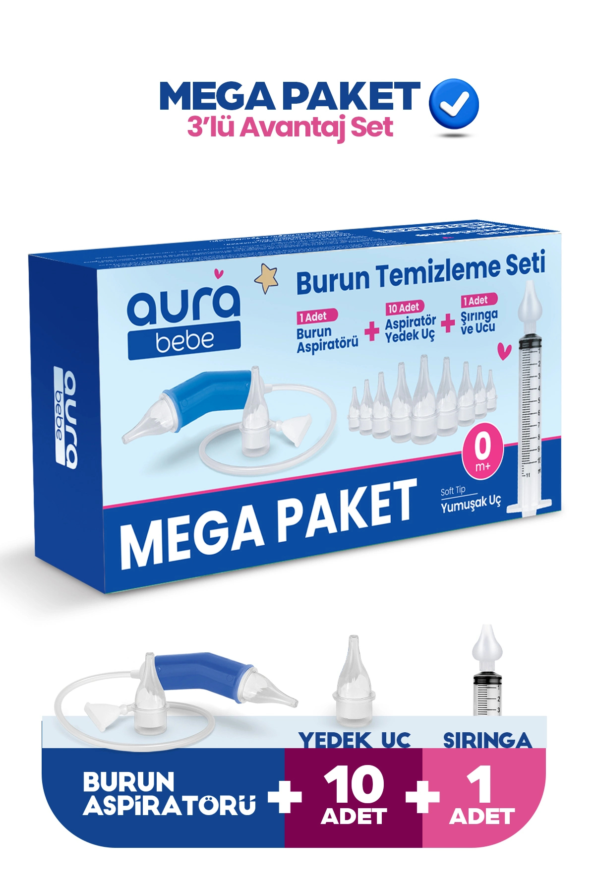 Aura Bebe MEGA PAKET Burun Aspiratörü, 10 Adet Aspiratör Yedek Uç ve Burun Temizleme Şırıngası Enjektörü