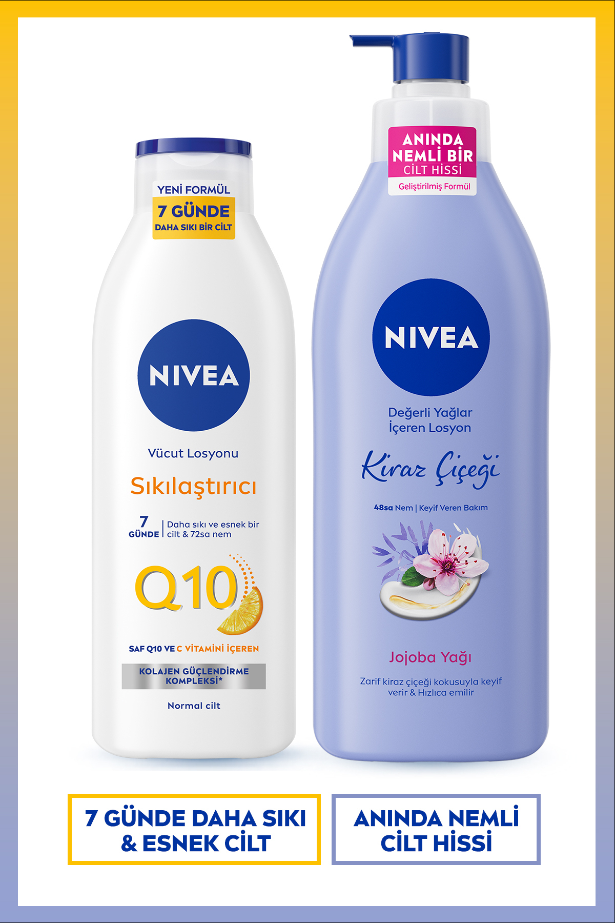 NIVEA Q10 Sıkılaştırıcı C Vitamini Vücut Losyonu 250ml ve Nemlendirici Kiraz Çiçeği Vücut Losyonu 400ml