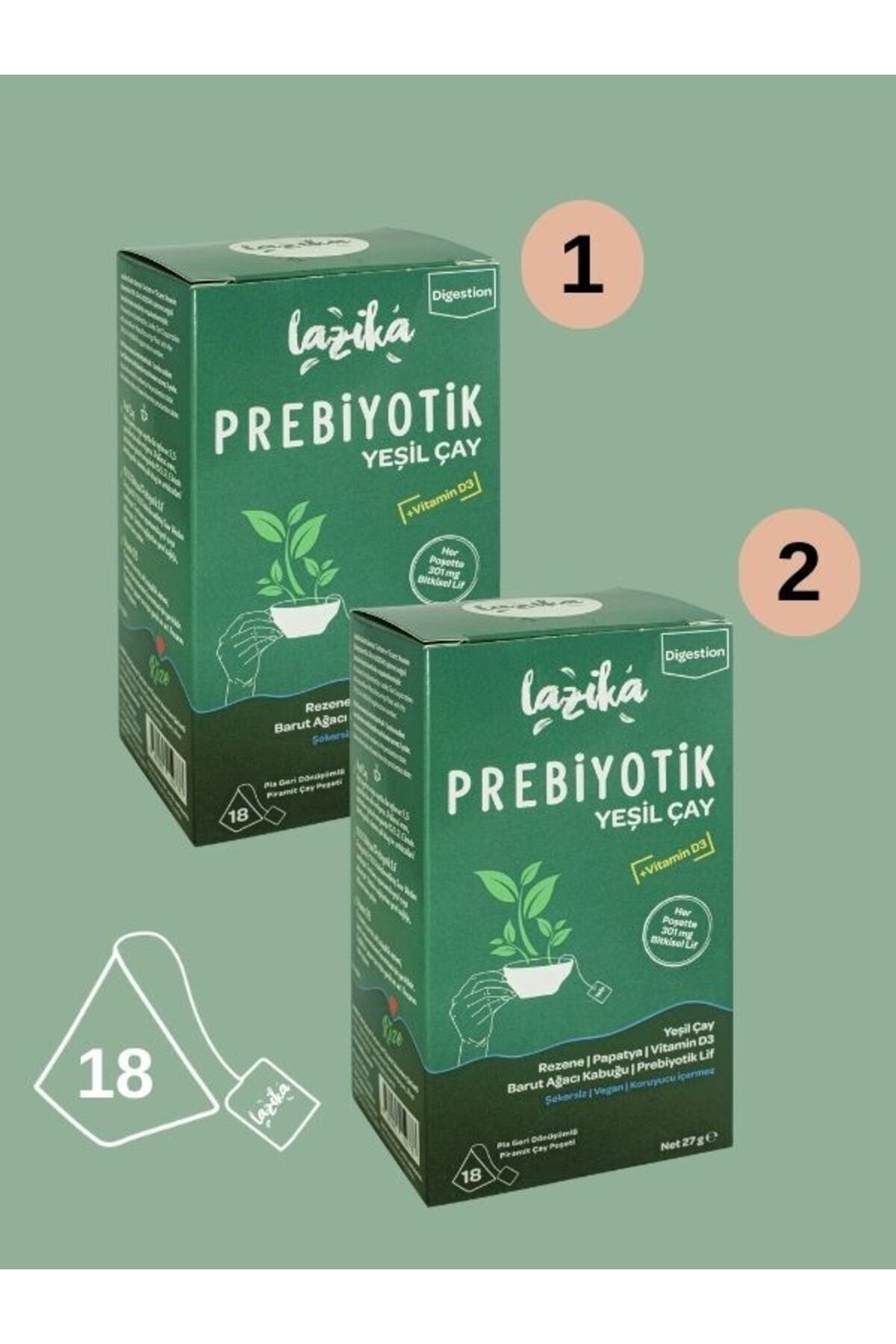 LAZİKA (2'Lİ SET) Prebiyotik Yeşil Çay - (Sindirim Sağlığını Destekler), Rezene, Papatya, Vitamin D3...