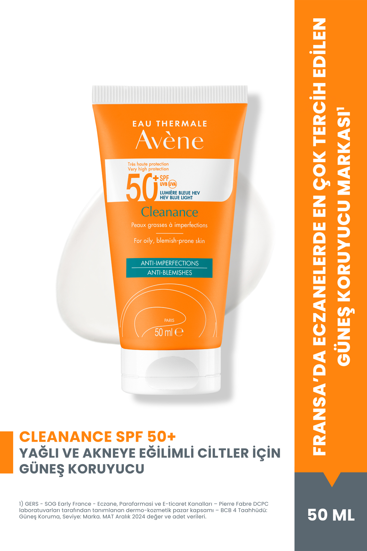 Avene Cleanance SPF 50+ Yağlı ve Akneye Eğilimli Ciltler için Yüksek Korumalı Güneş Kremi 50 ml