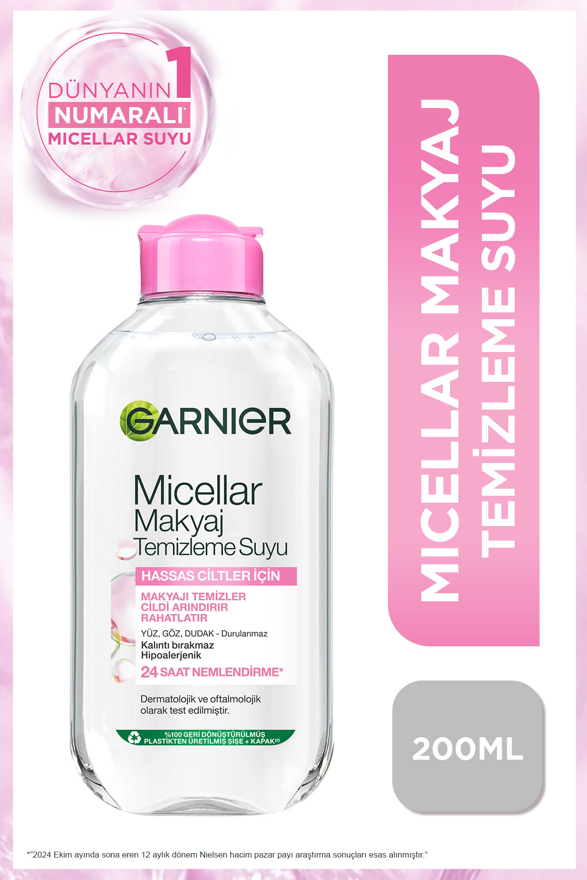 Garnier Micellar Makyaj Temizleme Suyu 200ML, 24 Saat Nemlendirme, Hassas Ciltler,Vegan&Cruelty Free