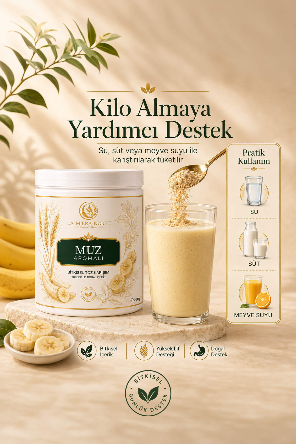 La Miera Norel Bitkisel Enerji ve Besin Desteği | Polen Muz Aromalı | 250 gr | Kilo Almaya Yardımcı Toz İçecek