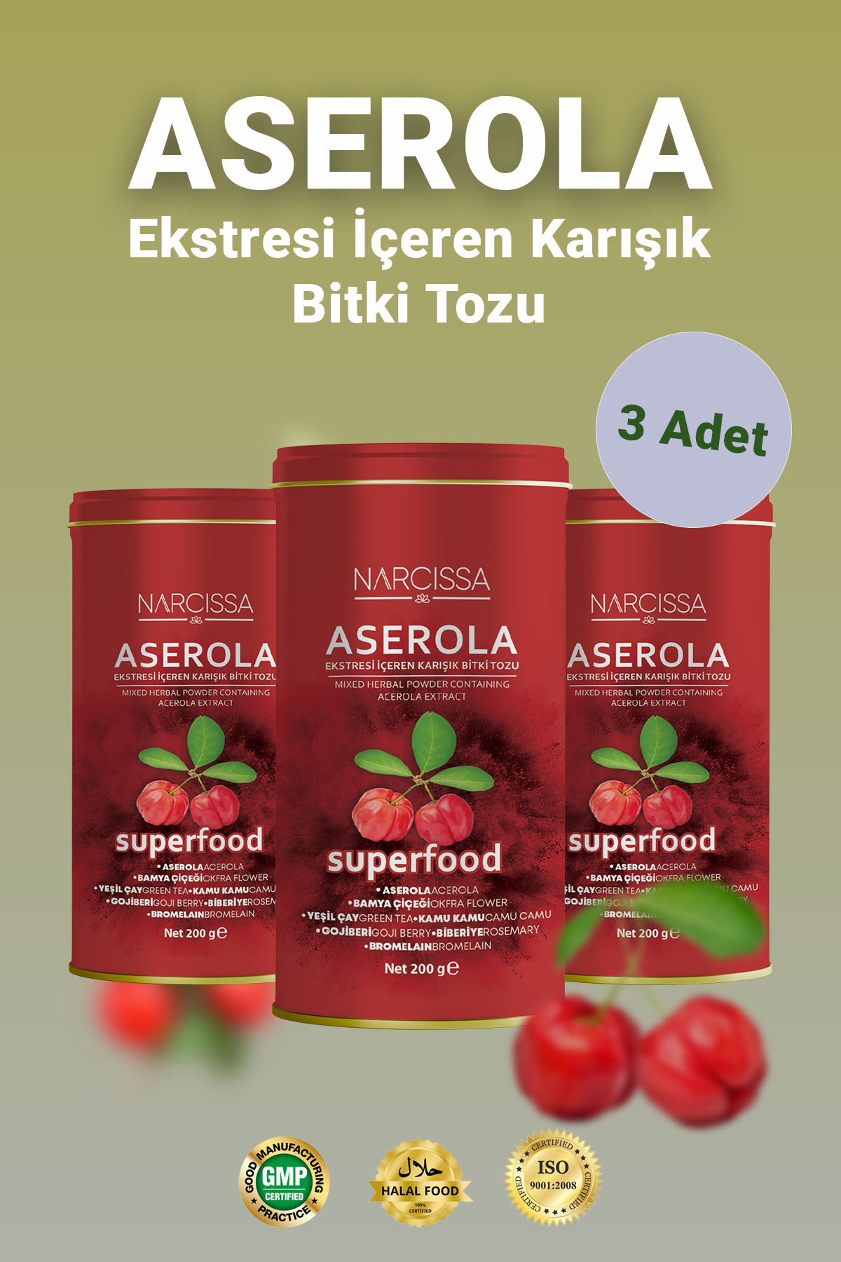 Narcissa 3 Adet - Aserola Ekstresi içeren Karışık Bitki Tozu - Aserola Detoks Form Çayı