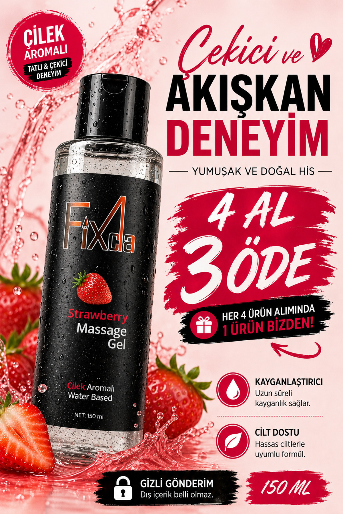 FixCla Çilek Aromalı Kayganlaştırıcı Jel 150 ml – Su Bazlı, Tatlı Koku, Uzun Süreli Kayganlık