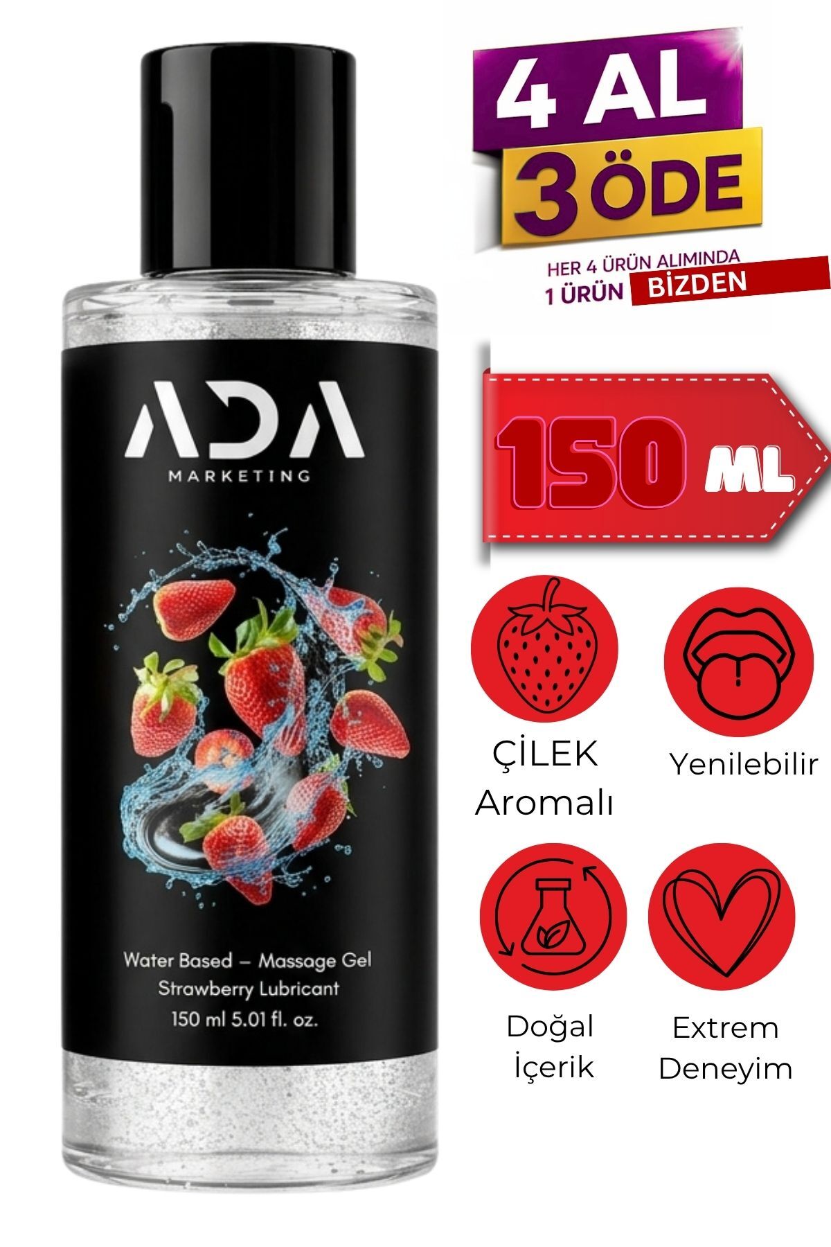 Ada Marketing Çilek Aromalı Su Bazlı Kayganlaştırıcı Jel – 150 ml | Aksesuar Uyumlu, Yoğun Aromalı Jel
