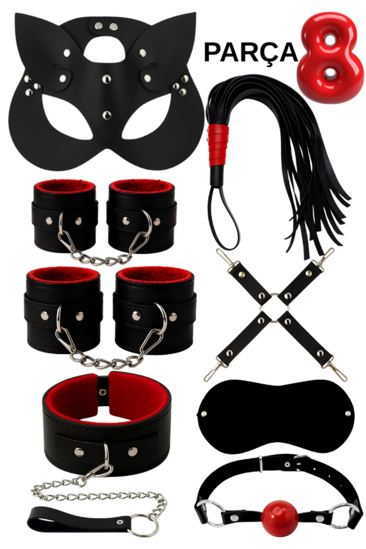 SİLENT LOVE Kadın Erkek Fantazi Seksi Kemer Kelepçe Maske Tasma Kırbaç Ağız Topu Aksesuar Seti