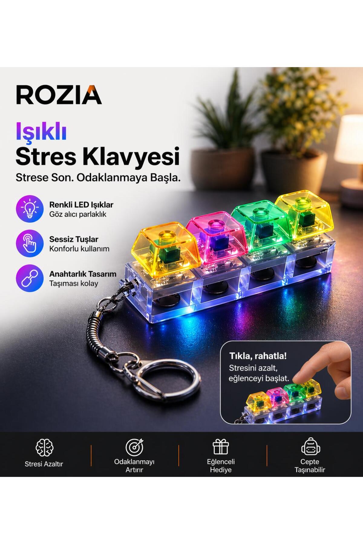 ROZIA RGB Işıklı Mekanik Tuşlu Stres Oyuncağı Fidget Toy Click Sesli Mini Klavye Anahtarlık Rengarenk Gönderim Sağlanacaktır !!